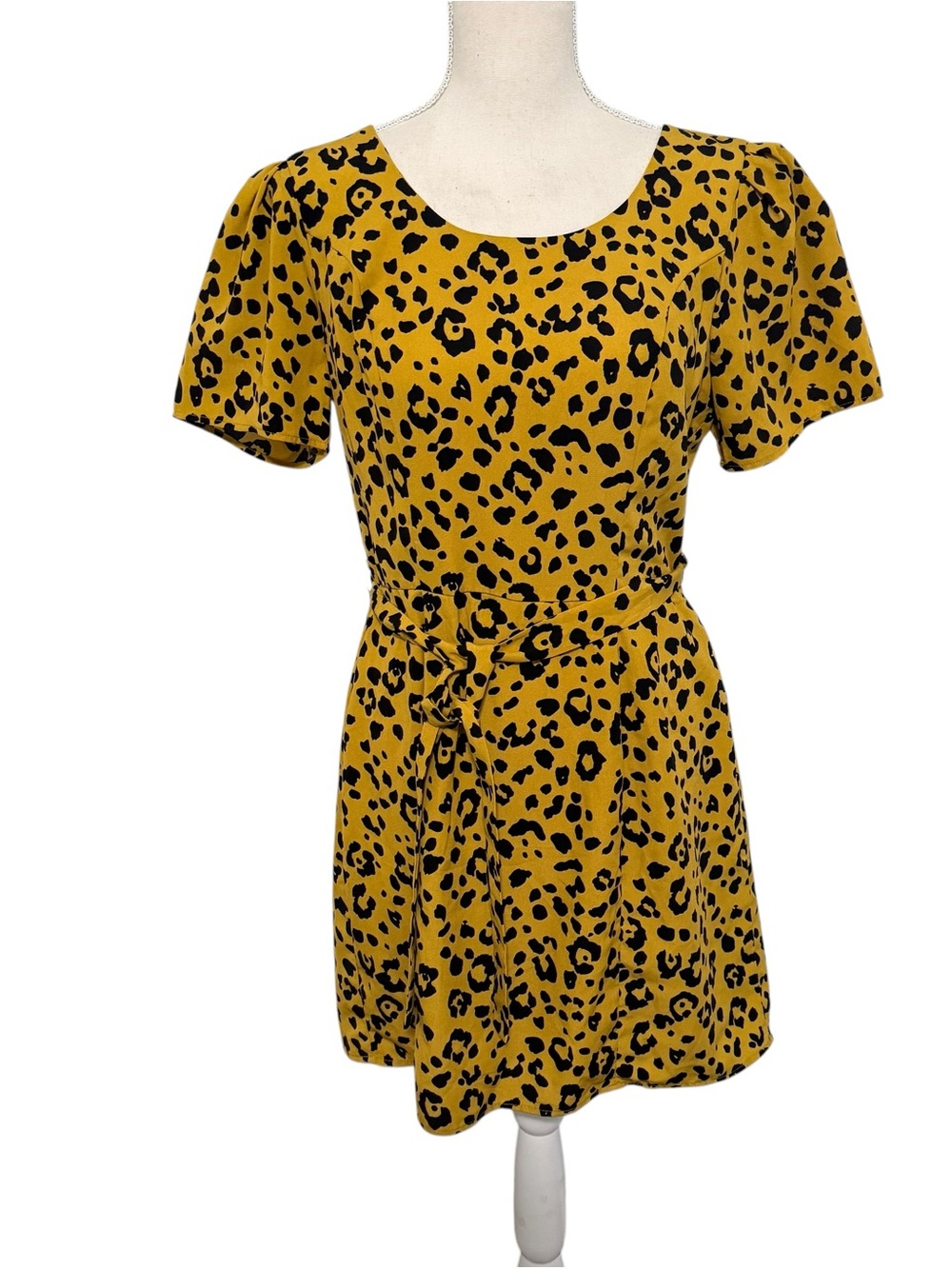 Row‎ A Mustard Yellow Leopard Print Mini Dress Short Sleeve Belted Size L